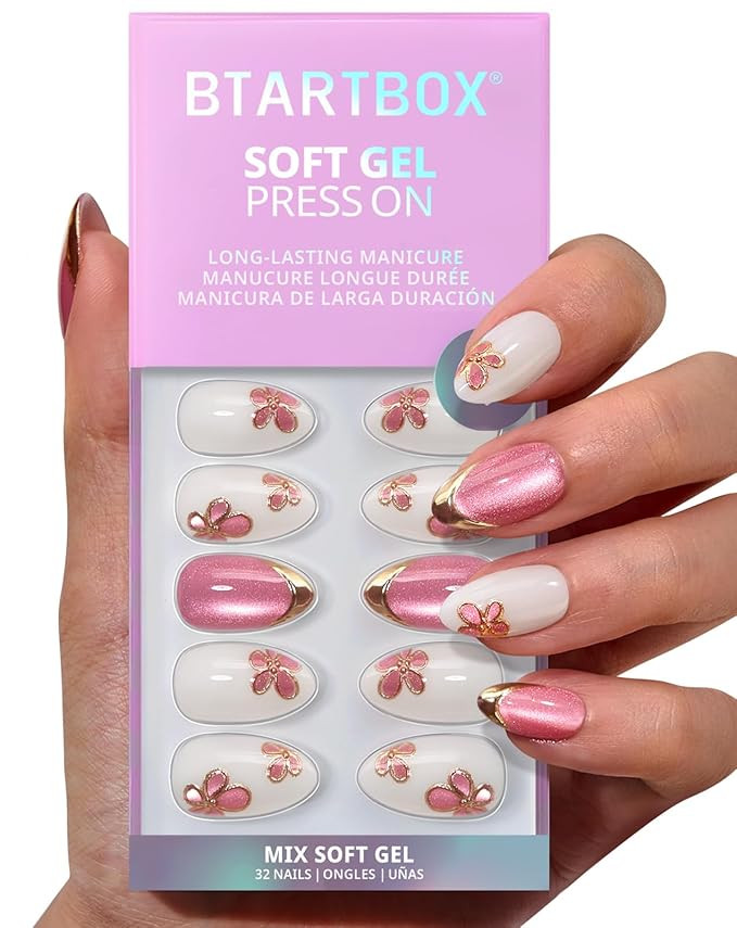 BTArtbox Press On Nails Almond - Confetti Petals, Flower Short Press On Nails with Glue and Adhes... | Amazon (US)