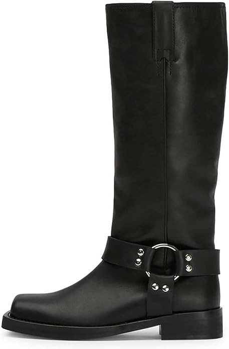 FIFSY Women's Knee High Boots Slip On Black Riding Boots Buckle Boots for Women Sexy Squared Toe ... | Amazon (US)