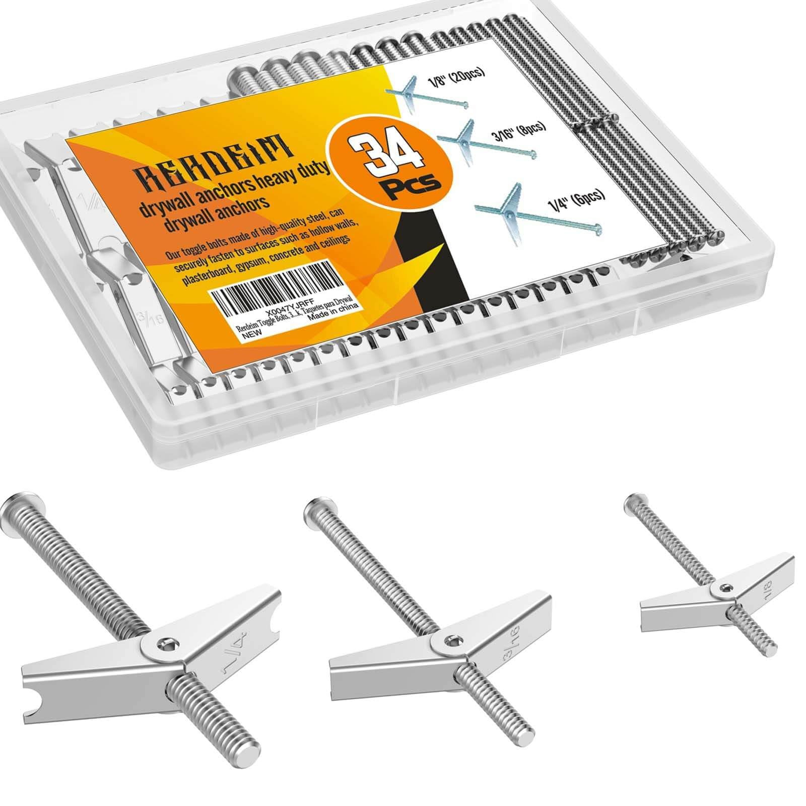 Toggle Bolts, 34 Pcs Wall Anchor, 1/4" 3/16" 1/8" Butterfly Drywall Anchors, Heavy Duty Metal Scr... | Amazon (US)