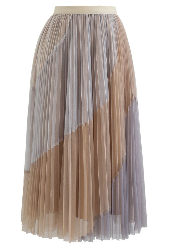 Multi Color Double-Layered Pleated Tulle Midi Skirt in Light Tan | Chicwish
