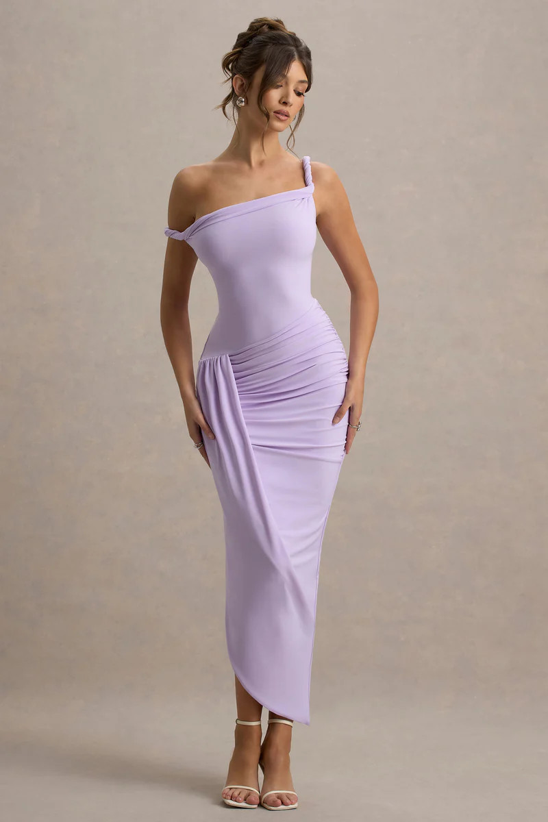 Angelique  Lilac Twisted Asymmetric Maxi Dress | Club L London