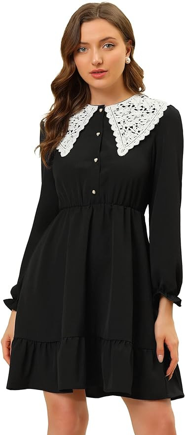 Allegra K Women's Vintage Ruffle Hem Dresses A-Line Crochet Peter Pan Collar Dress Medium Black | Amazon (US)