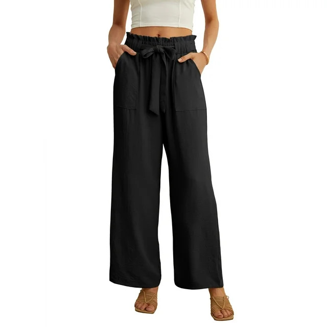 JWD Women's Wide Leg Pants With Pockets High Waist Adjustable Knot Loose Casual Trousers Business... | Walmart (US)