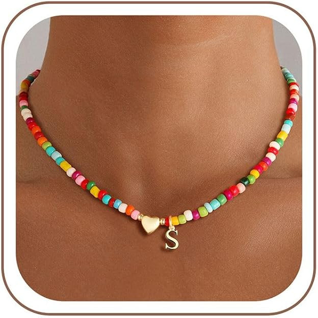 Mothers Day Gifts - Colorful Beaded Initial Necklace for Women Girls, 14K Gold Plated Heart Initi... | Amazon (US)