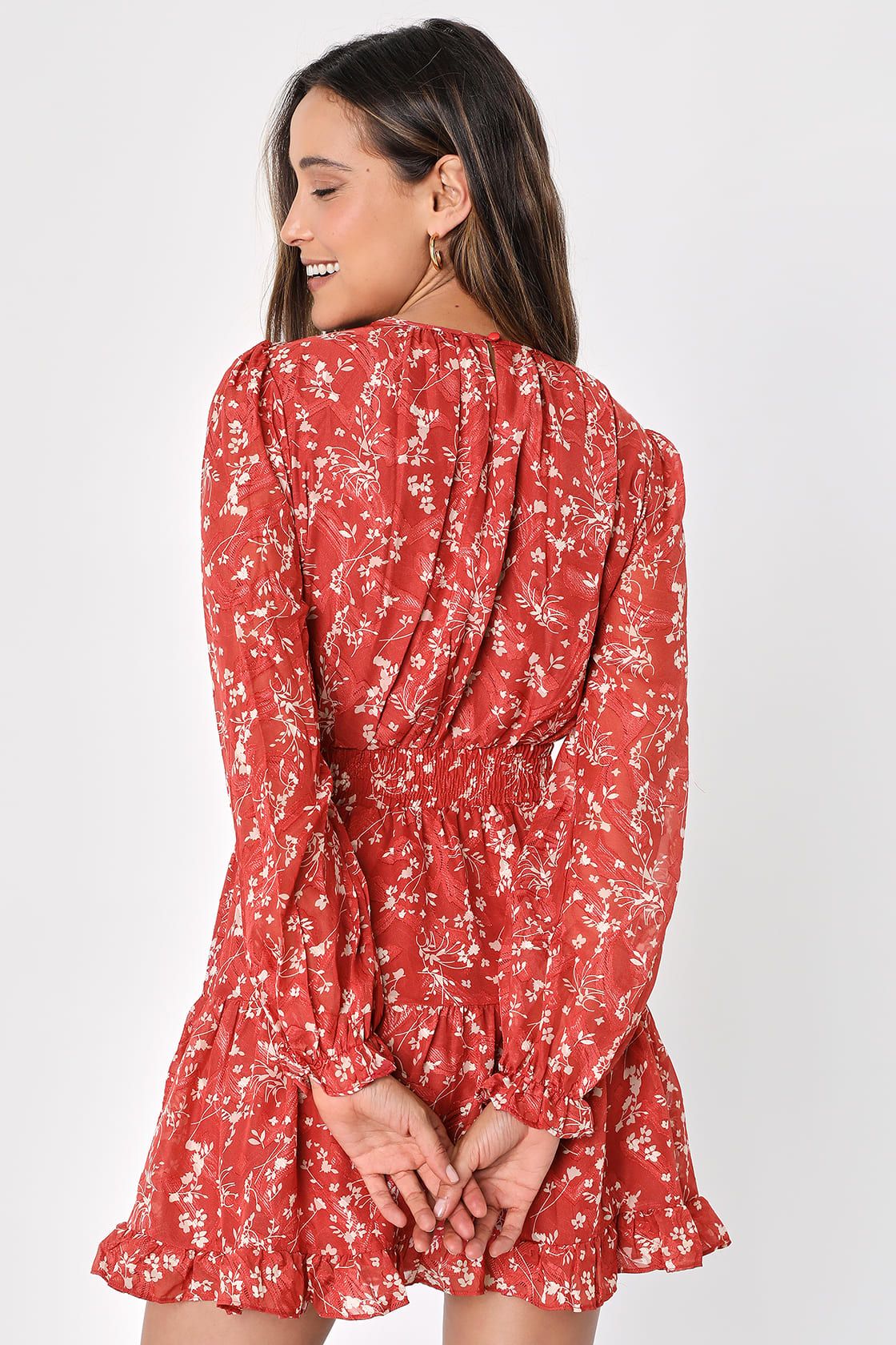 Too Cute Rust Red Floral Print Smocked Long Sleeve Mini Dress | Lulus