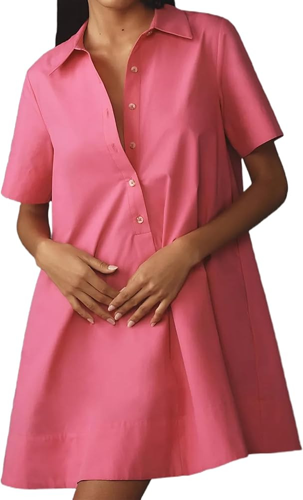 Women's Short Sleeve Swing Tunic Mini Dress Button Up Blouse Shirt Summer Loose Casual Flowy A Li... | Amazon (US)
