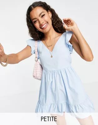 Miss Selfridge Petite poplin frill sleeve mini dress in baby blue | ASOS (Global)