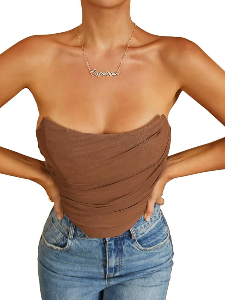MOALLUOM Mesh Corset Crop Top Bustier Underbust Boned Backless Sleeveless Strapless Off Shoulder ... | Amazon (US)