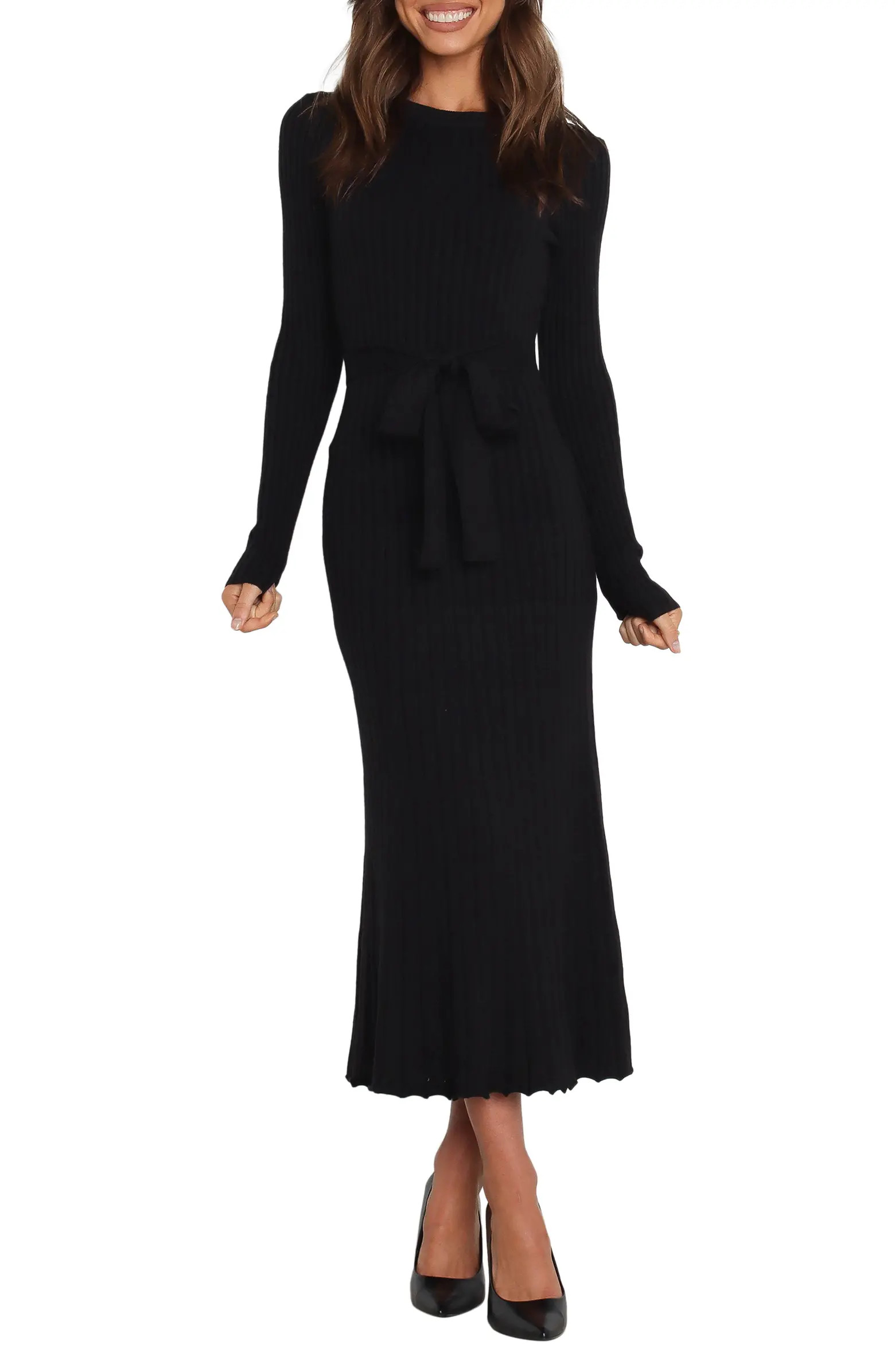 Rhianna Belted Long Sleeve Rib Sweater Dress | Nordstrom