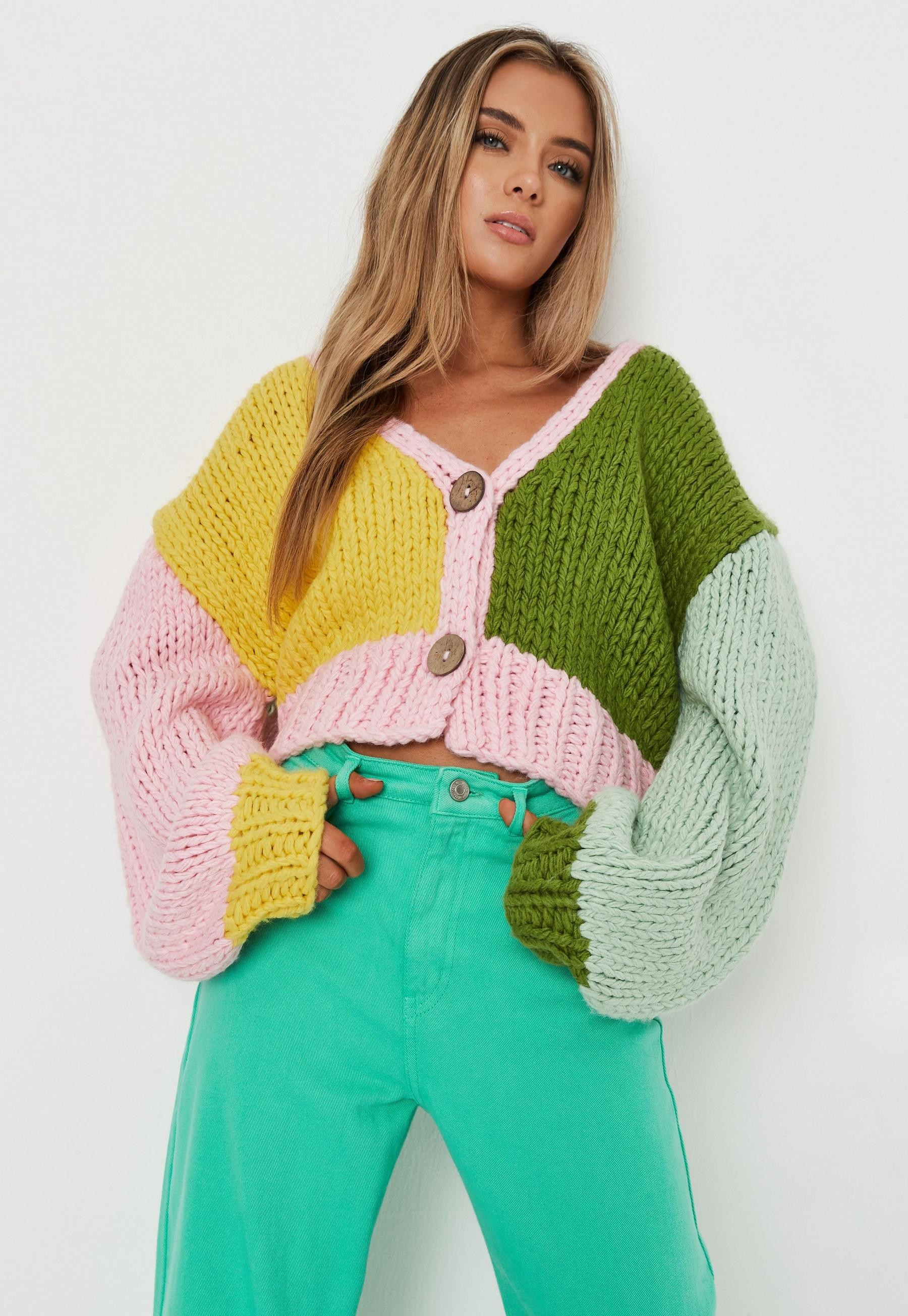 Missguided - Yellow Colorblock Cinched Waist Handknit Cardigan | Missguided (US & CA)