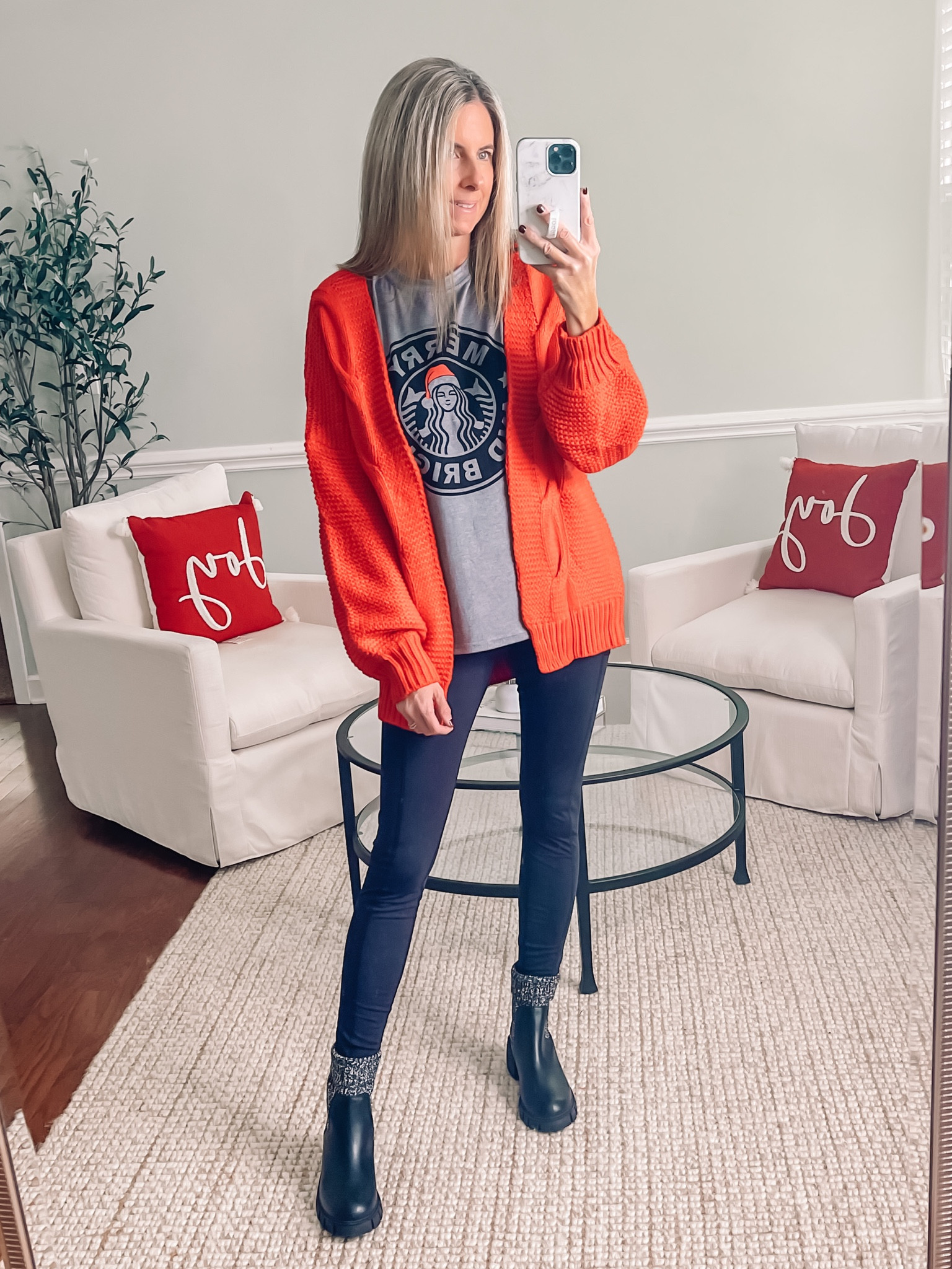 Amazon casual Christmas outfit 
Chunky knit oversized good quality cardigan in a small 
Merry and Bright tshirt in a medium 
Fleece lined leggings in a medium 
Holiday outfit idea 
Christmas outfit idea 
#founditonamazon 


#LTKHoliday #LTKunder50 #LTKsalealert