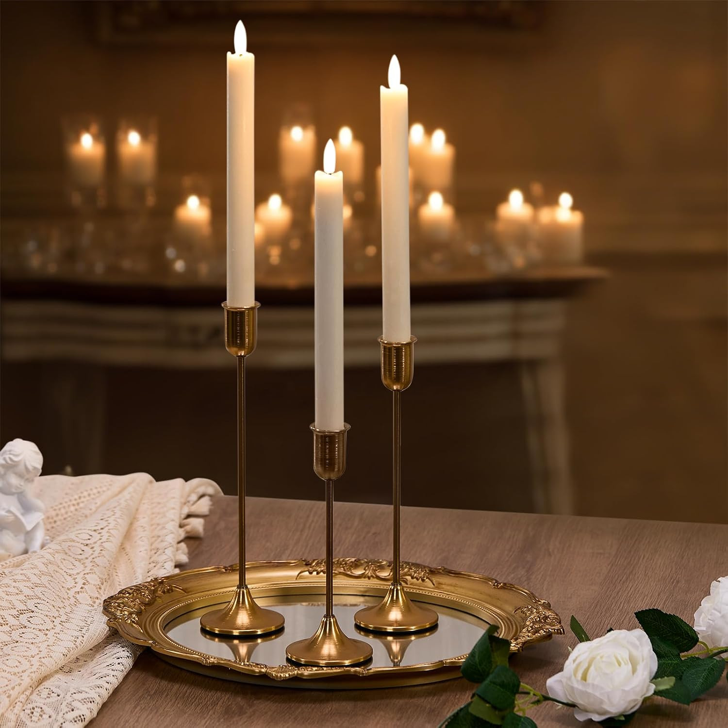 Gold Candlestick Holders, Brass Metal Taper Candle Stick Holders Set of 3 | Amazon (US)