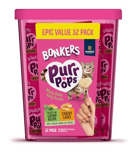 Bonkers Purrpops Freeze Dried Chicken & Catnip Flavor Lollipop Cat Treats, Healthy Single Ingredient Treats, Training Treats or Food Topper, for All Breeds and Ages, Value Pack (32 Pieces) | Amazon (US)