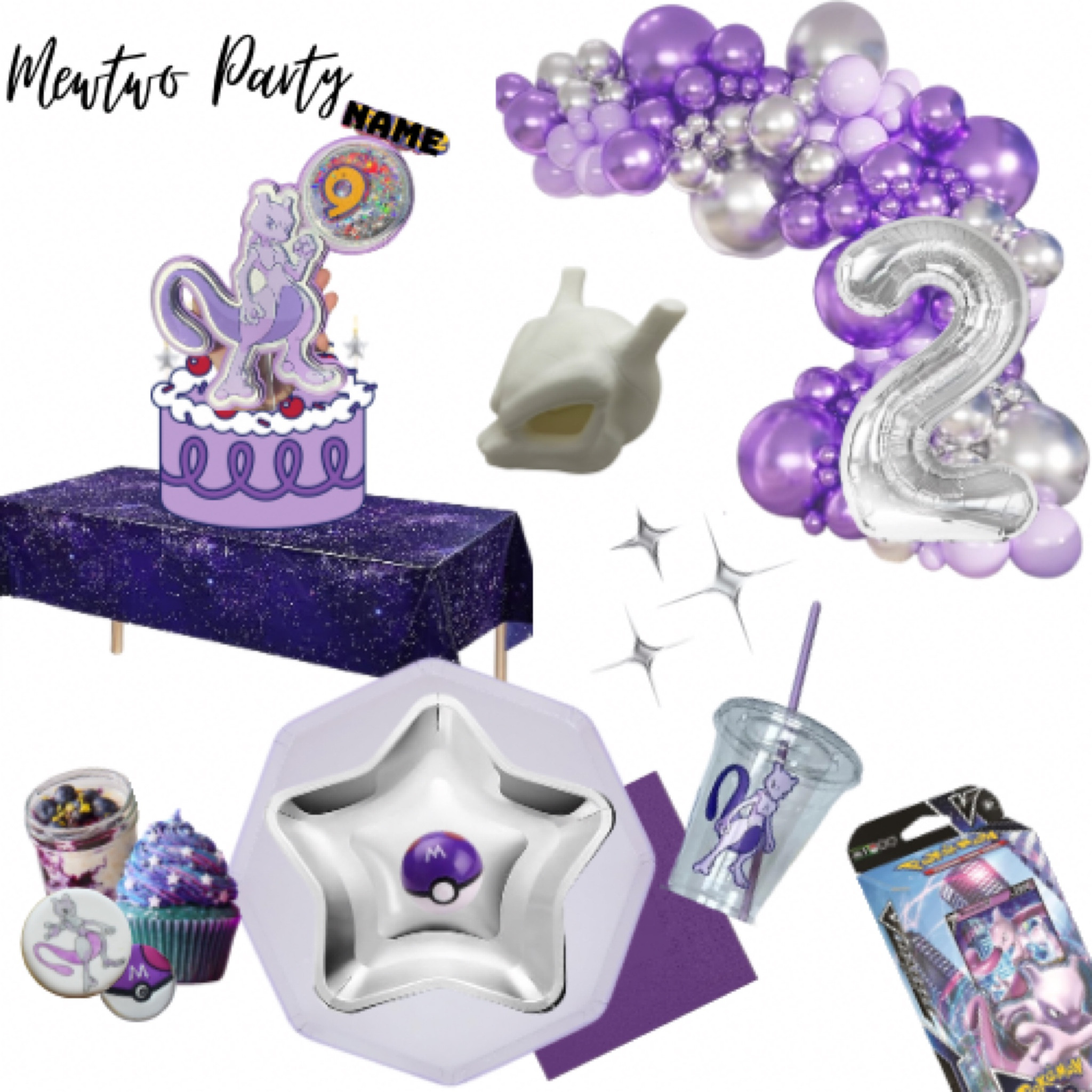 I did a MewTWO birthday party for my two year olds birthday and wanted to share updated items that could work for you. 