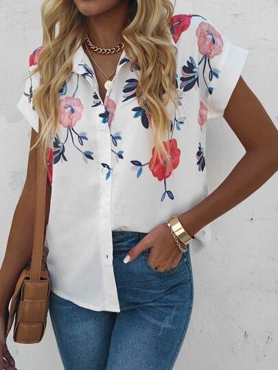 Floral Embroidery Button Up Blouse | SHEIN