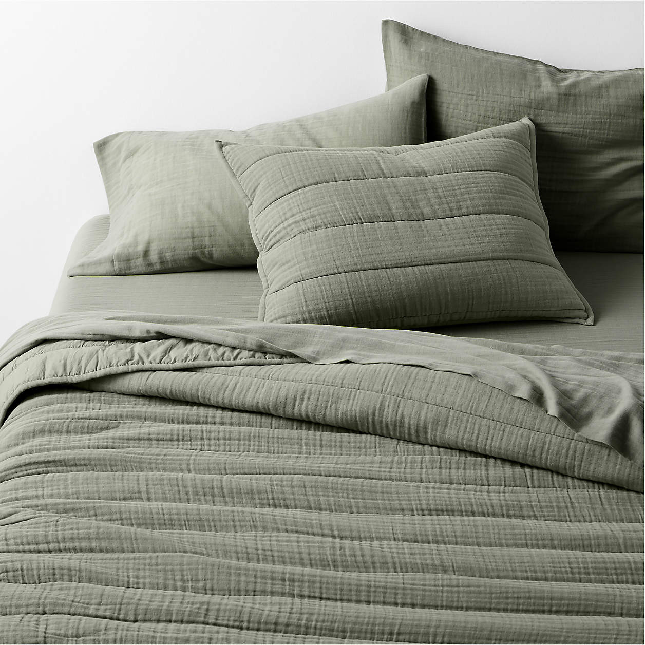 Supersoft Organic Cotton Gauze Shadow Sage Green Full/Queen Channel Stitch Quilt + Reviews | Crat... | Crate & Barrel