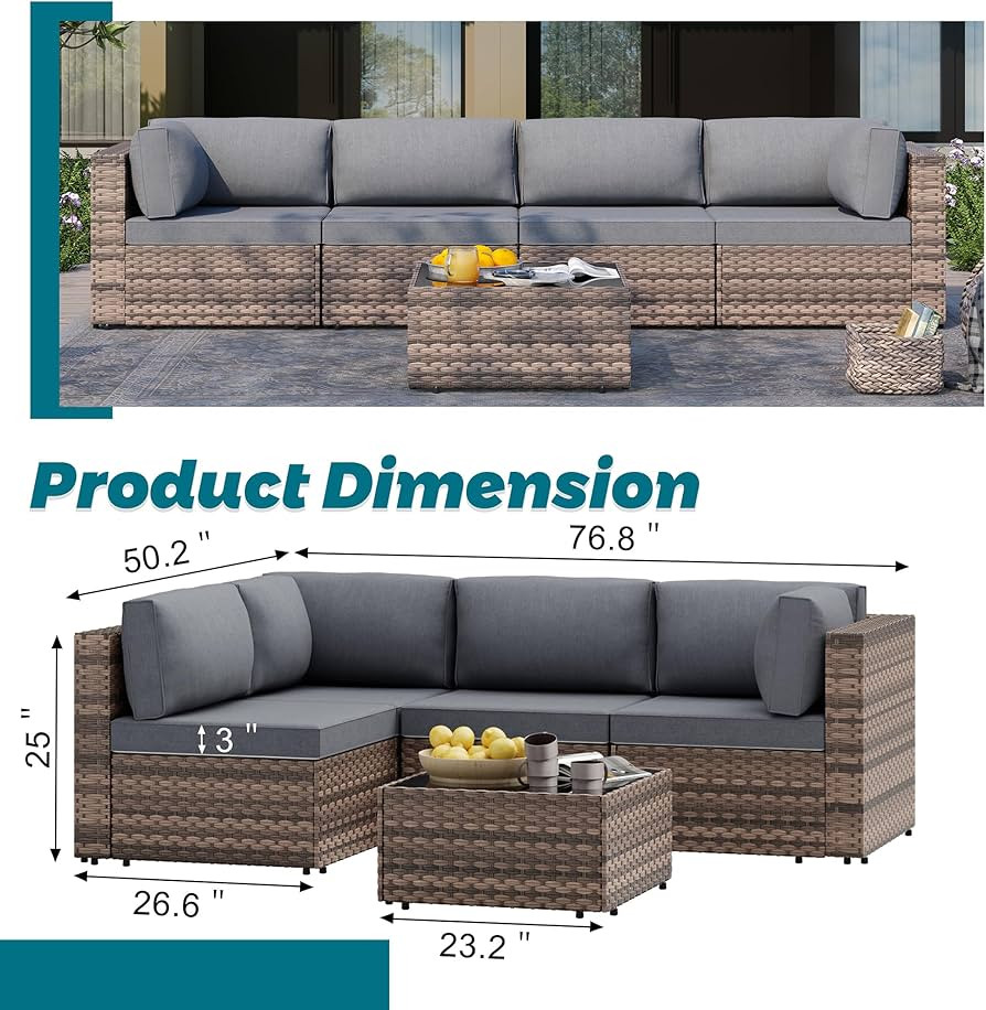 SUNLEI 5 Piece Patio Furniture Sets, Low Back All-Weather Rattan Sectional Sofa with Tea Table&Wa... | Amazon (US)