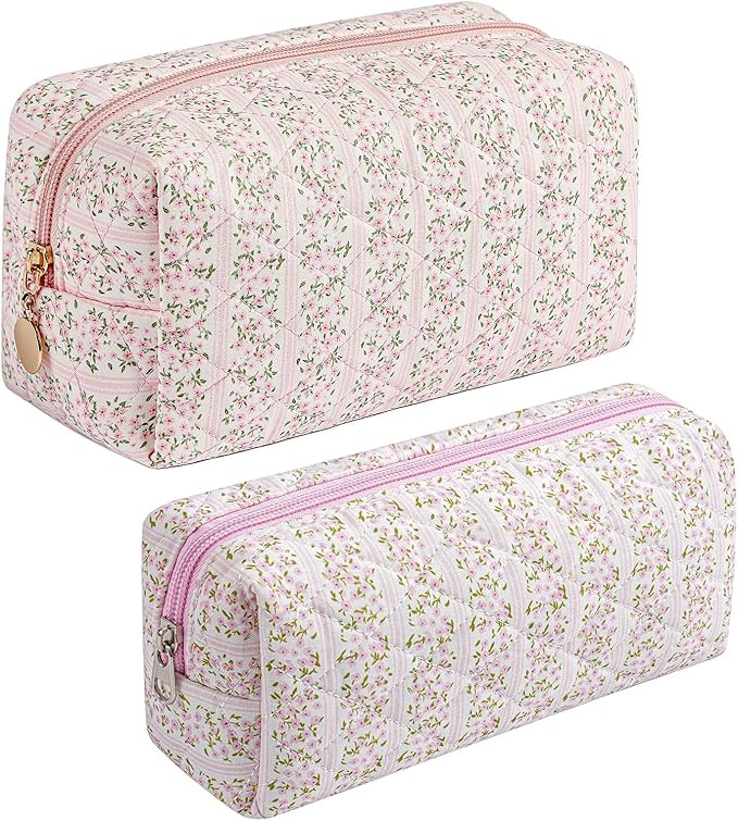 JOVAKIT 2Pcs Makeup Bag Quilted Cosmetic Bag for Women Girls, Floral Coquette Cotton Toiletry Zip... | Amazon (US)