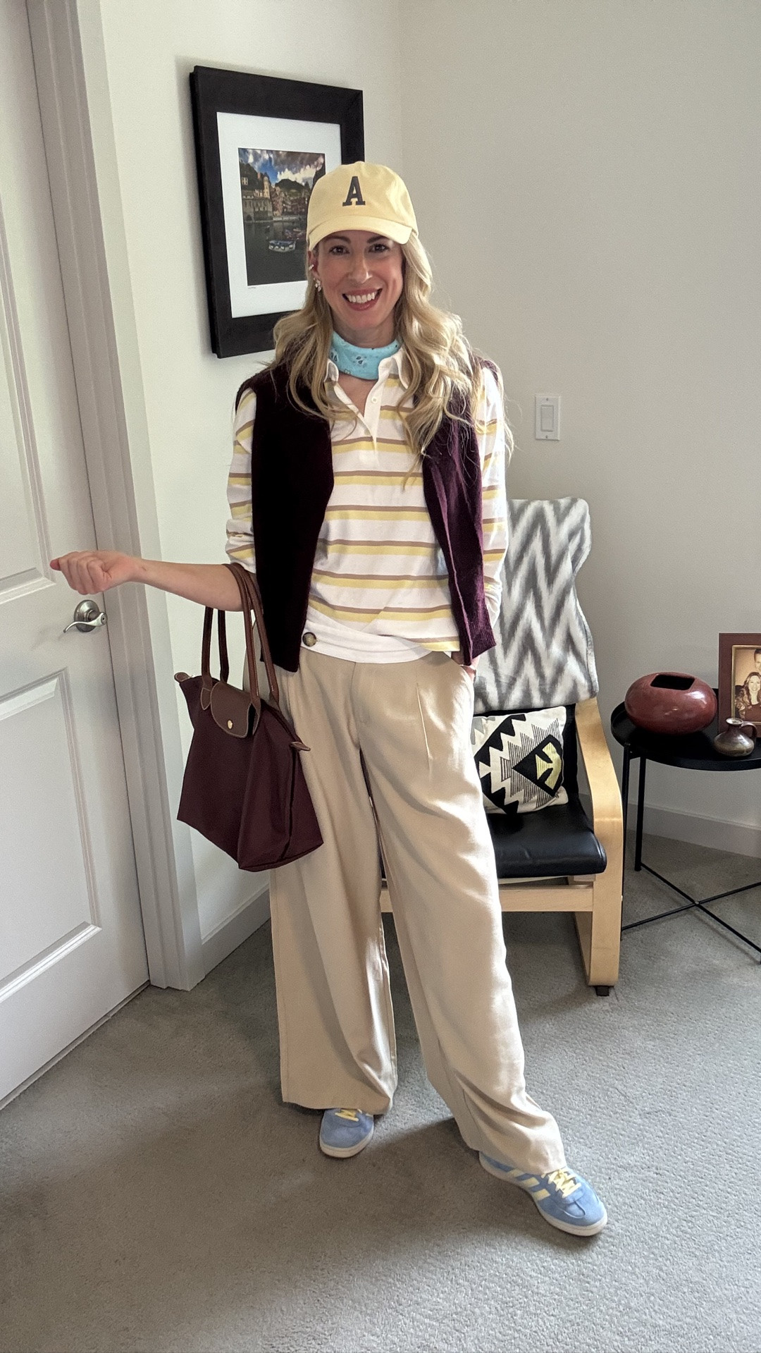 Easy comfy outfit formula for the days you’d rather just stay in your PJs: 

Wide leg (a little oversized) trouser pants - mine are @Zara 
Boxy cropped tee or polo shirt - mine is @gapfactory
Something around the neck - my bandana is from @amazon
Slim line sneakers - mine are @adidas 
Long sleeves thrown over the shoulders - my sweater is @onequince 
Hat is totally optional - mine is from @Etsy 
Fav compliment bag - mine is @longchamp

#LTKootd