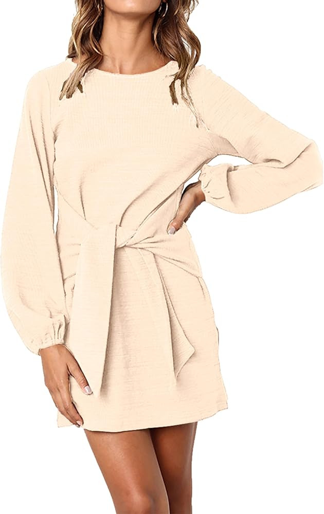 PRETTYGARDEN Women's Elegant Long Lantern Sleeve Short Dress Crewneck Tie Waist Knit Cocktail Dress | Amazon (US)