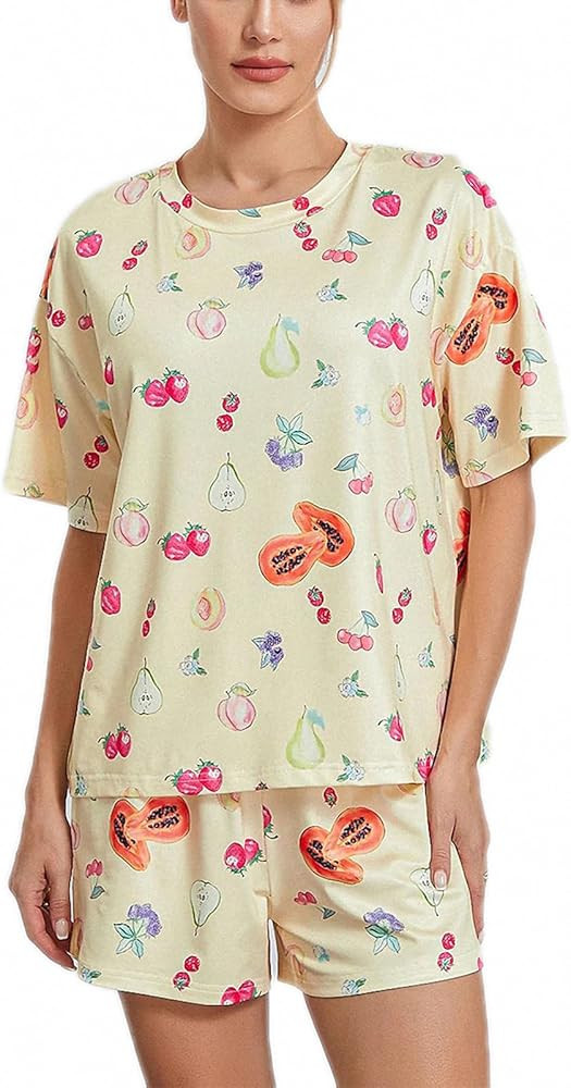 Women Floral Fruit Print Pajama Set Round Neck Short Sleeve Top Side Split Shorts Soft Skin-Frien... | Amazon (US)