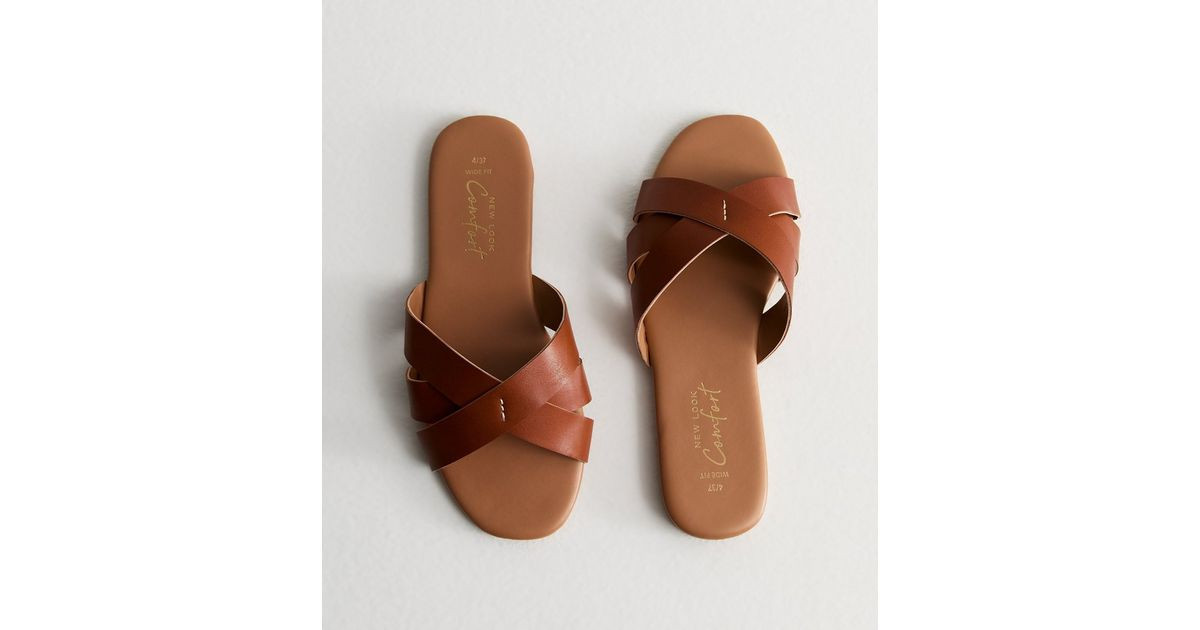 Wide Fit Tan Leather-Look Mule Sliders | New Look | New Look (UK)