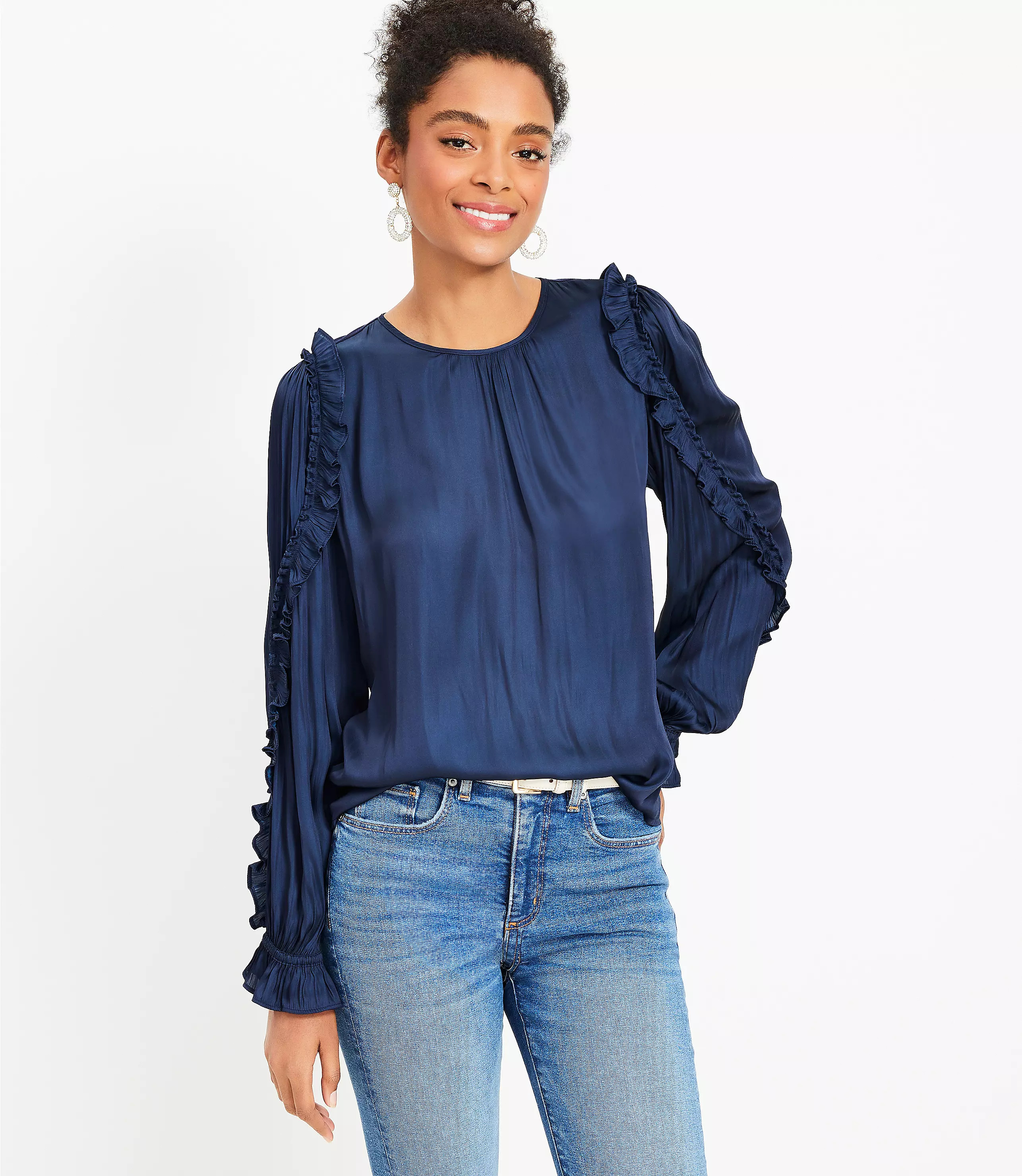 Mixed Media Ruffle Sleeve Top | LOFT
