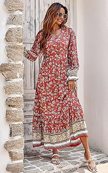 PRETTYGARDEN Womens Casual Dresses Spring Floral Button V Neck Flowy Long Dresses | Amazon (US)