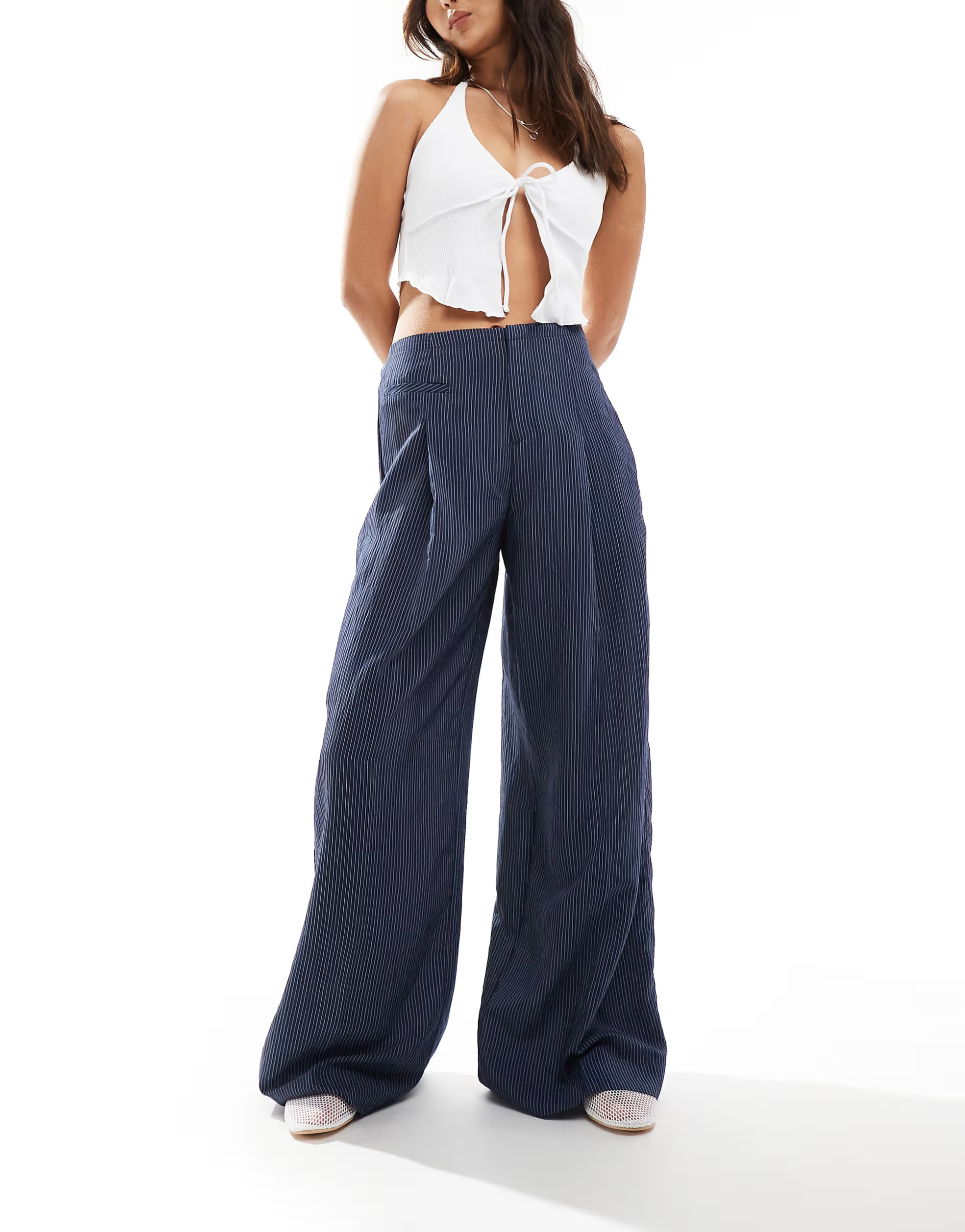 Bershka high rise wide leg tailored pants in blue stripe | ASOS (Global)