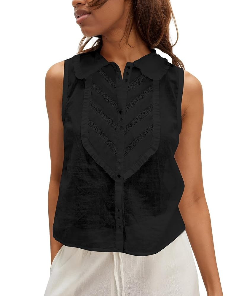 Women Button Down Ruffle Trim Lace Tank Top Sleeveless Peter Pan Collar Shirts Open Front Boho Sh... | Amazon (US)