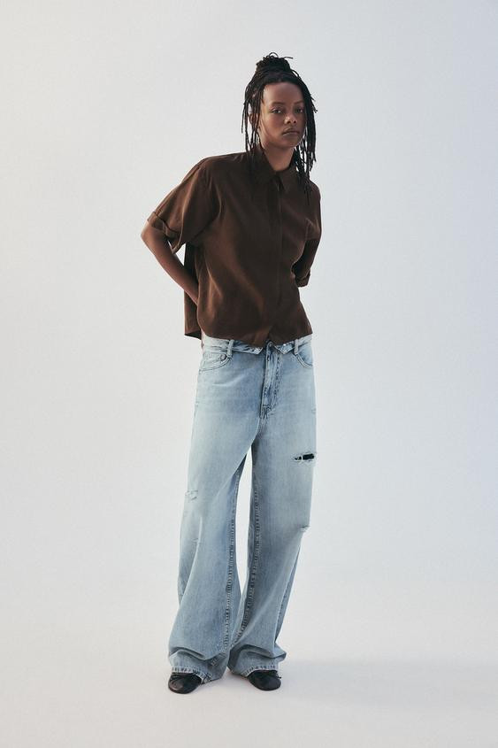 Zara - Short Sleeve Flowing Shirt - Chocolate Brown - S - Woman | Zara AU