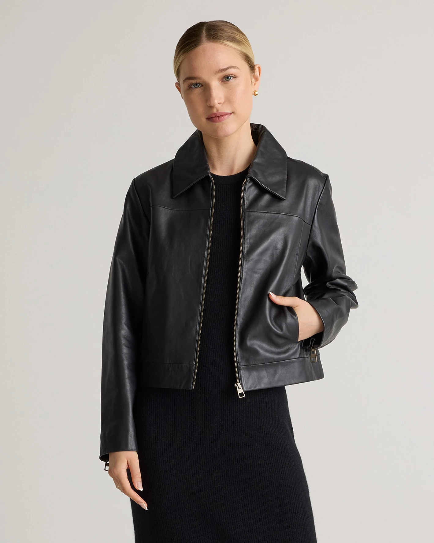 Black 100% Leather Cropped Zip-Front Jacket | Quince