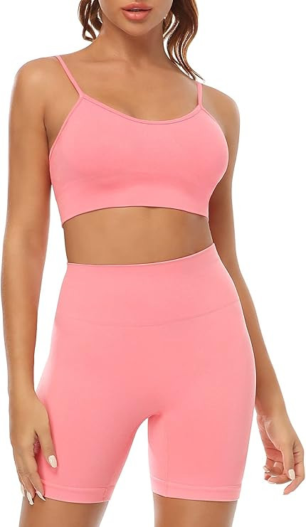Seamless Workout Sets for Women 2 Piece Outfits High Waist Yoga Shorts Adjustable Padded Sports B... | Amazon (US)