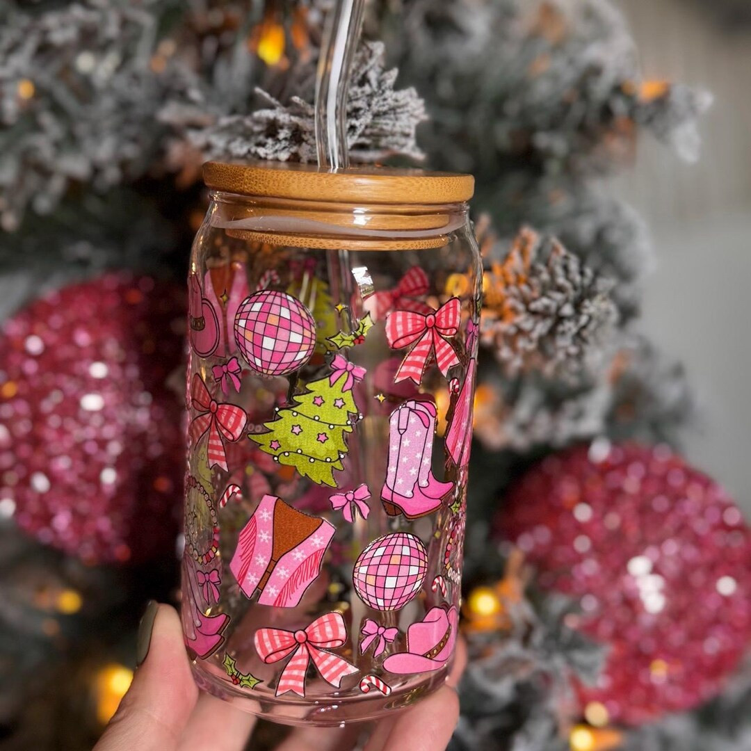 Christmas Glass Can Tumbler Cowgirl Christmas Iced Coffee Glass Pink Christmas Cowgirl Boots Chri... | Etsy (US)