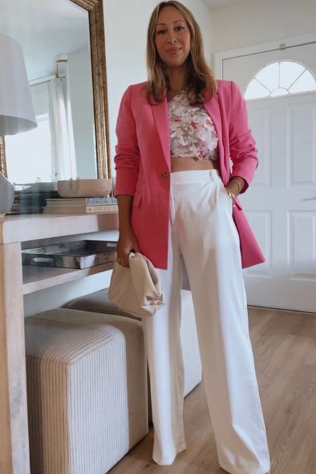 Valentine’s Day style blazer and white pants resort style vacation look 