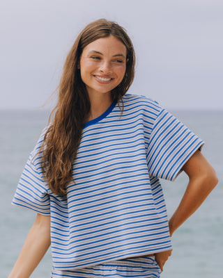 Striped Ribbed Relaxed Tee - Powder + Cobalt + Cream Stripe | Daily Drills LLC
