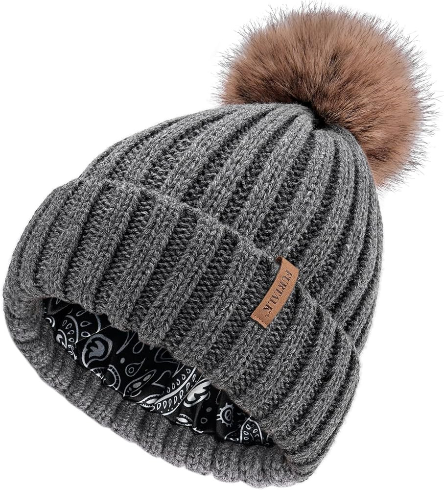 FURTALK Womens Winter Beanie Hat Satin Lined Faux Fur Pom Pom Beanies Hat for Women Winter Warm K... | Amazon (US)