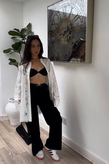 Broderie shirt, broderie anglaise, oversized shirt, summer outfit, bralet, high waisted trousers, shoulder bag, wide leg pants, lace shirt, neutral outfit  

#LTKstyletip #LTKSeasonal #LTKeurope