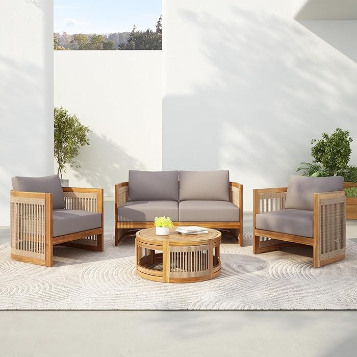 Merax 4-Piece Patio Premium Acacia Wood Outdoor Furniture Set,All Weather Curved Tub Design with ... | Amazon (US)