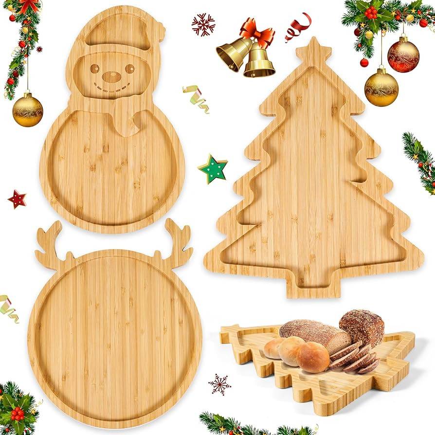 3 Pieces Christmas Wooden Serving Tray Charcuterie Board Natural Bamboo Snack Platters Wood Candy... | Amazon (US)