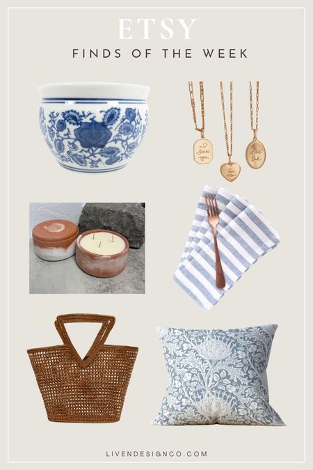 Etsy finds of the week. Mother's Day gift idea. Mother's Day necklace. Blue and white planter. Chinoiserie ceramic planter. Home decor. Outdoor citronella candle. Blue and white French striped cloth napkins. William Morris outdoor pillow. Patio decor.  Straw tote handbag. Woven handbag. 

#LTKSeasonal #LTKsalealert #LTKhome