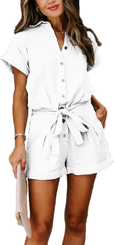 Paintcolors Women's Summer Short Sleeve Button Down Pockets Belted Elastic Waist Solid Color Jumpsui | Amazon (US)