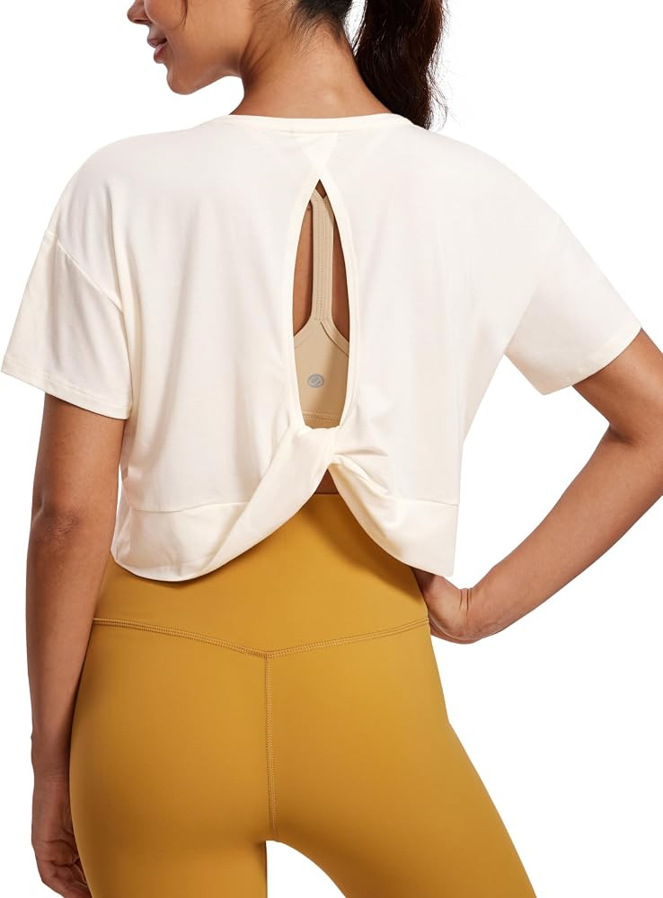 CRZ YOGA Open Back Short Sleeve Crop Top for Women Loose Athletic Yoga Workout Tops Casual Croppe... | Amazon (US)