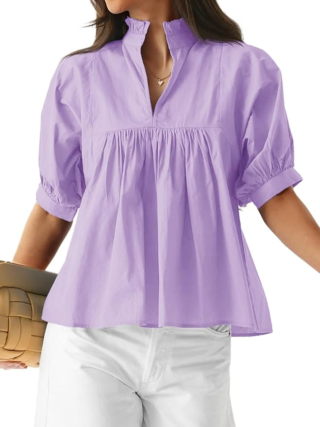 Cicy Bell Womens Puff Sleeve V Neck Blouse Babydoll Peplum Tops Dressy Casual Pleated Loose Fit S... | Amazon (US)