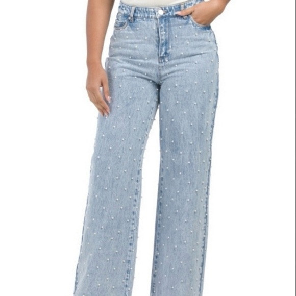 Women's Light Blue Wide-Leg Pearl studded Jeans | Poshmark