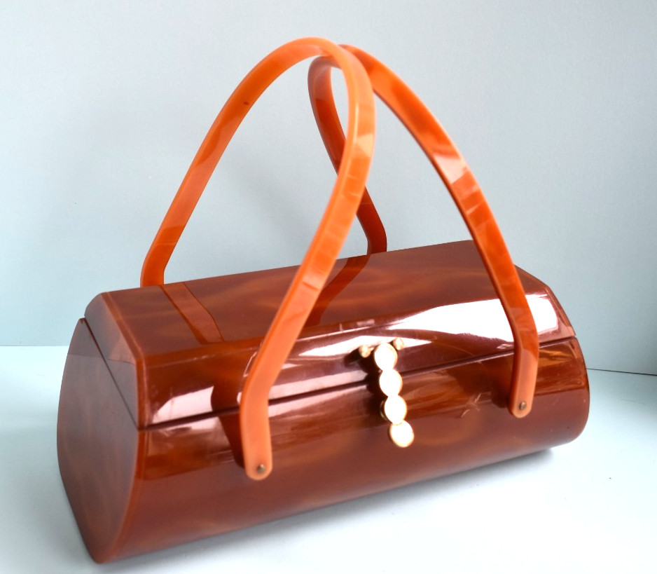 RARE Vintage Lucite Plastic Box Purse Brown Marbled Double Handled 1960s 10" | eBay US