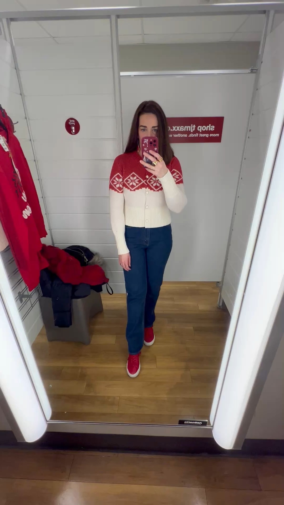 Red and white cardigan (xs). Curve love dark wash jeans (27). Red sneakers (8.5). #cardigan #redandwhitecardigan #jeans #darkwashjeans #sneakers #redsneakers #holidayoutfit #christmasoutfit 

#LTKFindsUnder100 #LTKSeasonal #LTKHoliday