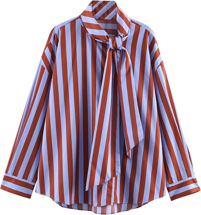 Chevara Women’s Oversized Striped Button Down Shirt Long Sleeve Bow Tie Collar Business Shirt B... | Amazon (US)