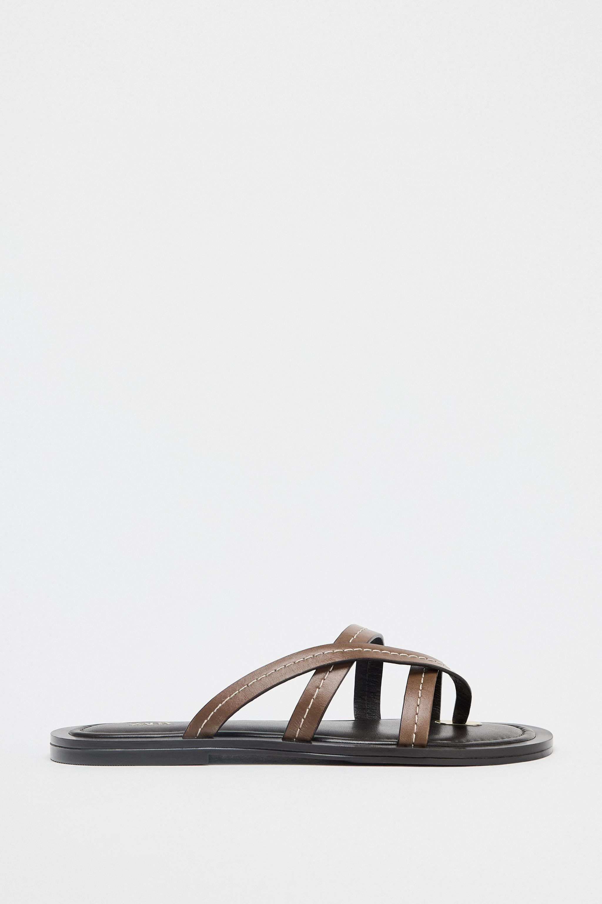 FLAT LEATHER STRAPPY SANDALS | Zara UK