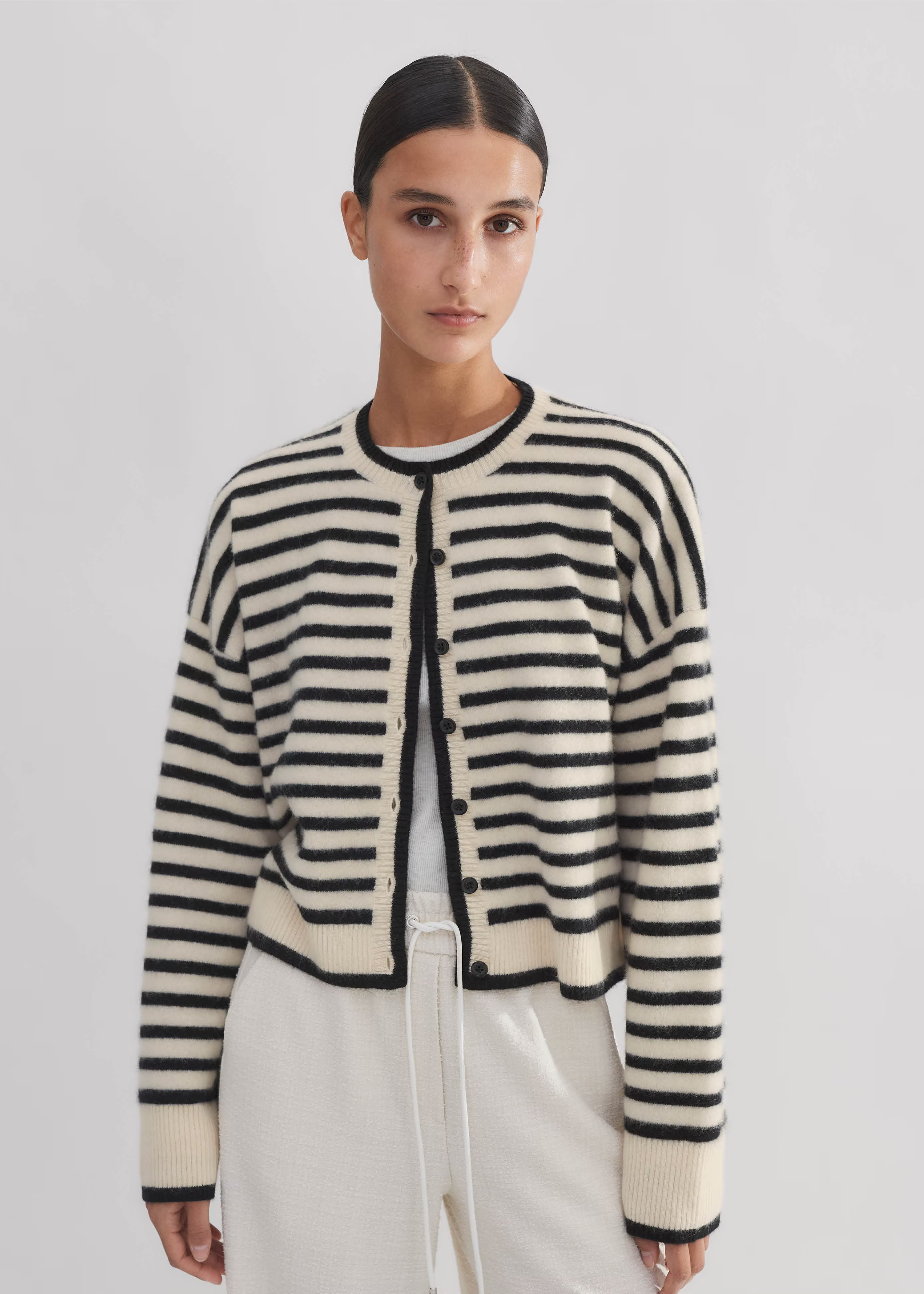 Women's Cream Boiled Cashmere Striped Cardigan | ME+EM | ME+EM Global (Excluding US)